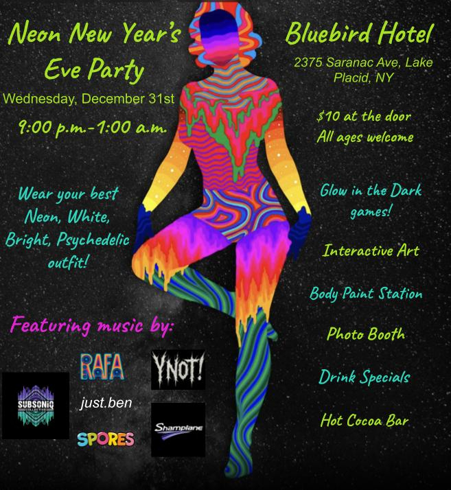 Neon New Year's Eve Party at Bluebird Lake Placid flyer