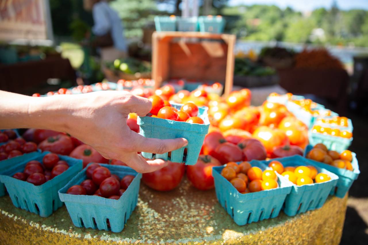 A person reaching for tomatoes at a farmers market.