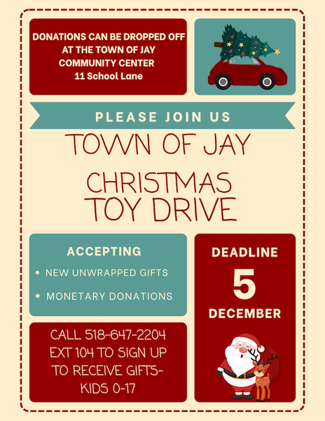 Christmas Toy Drive poster for the Town of Jay. Features a red car with a Christmas tree. Deadline December 5. Accepting new gifts and donations.