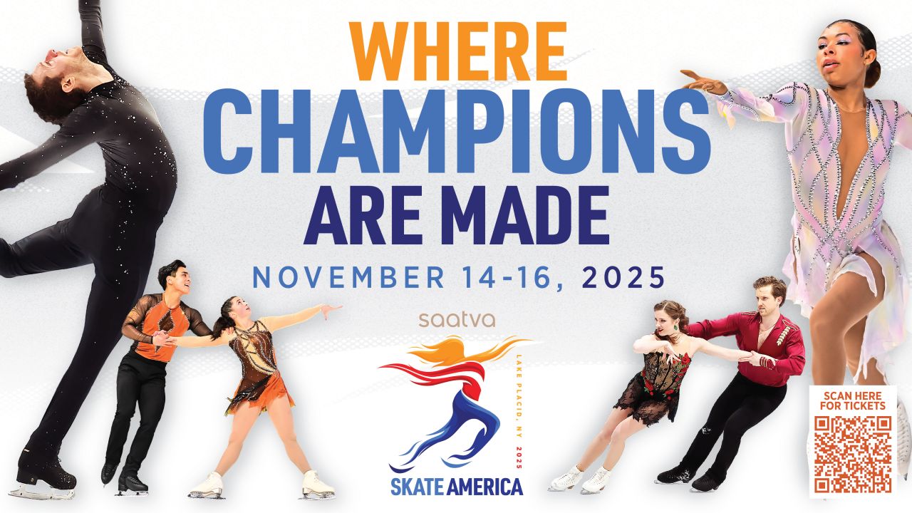 Promo image for Skate America 2025 in Lake Placid with several pairs and individual skates silhouetted against white background with blue and yellow text and SAATVA logo