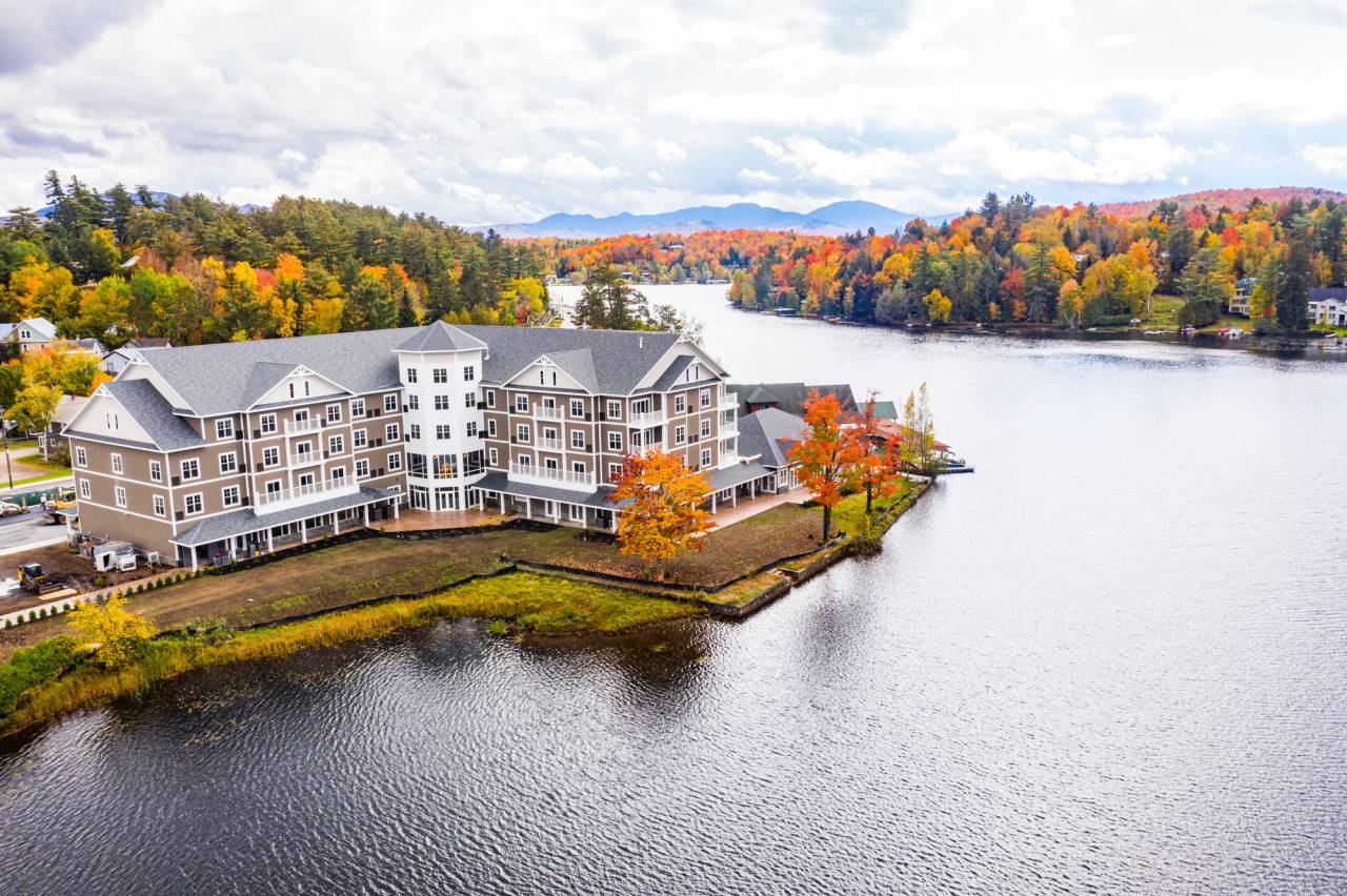The Saranac Lake waterfront in the fall.