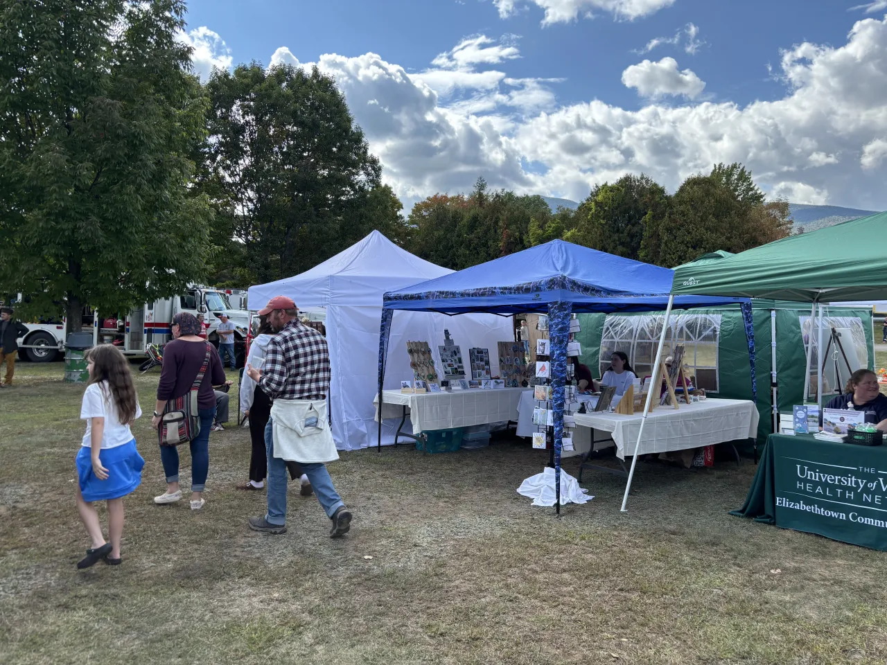 A row of event tents of vendors and crafters at an event on a field.