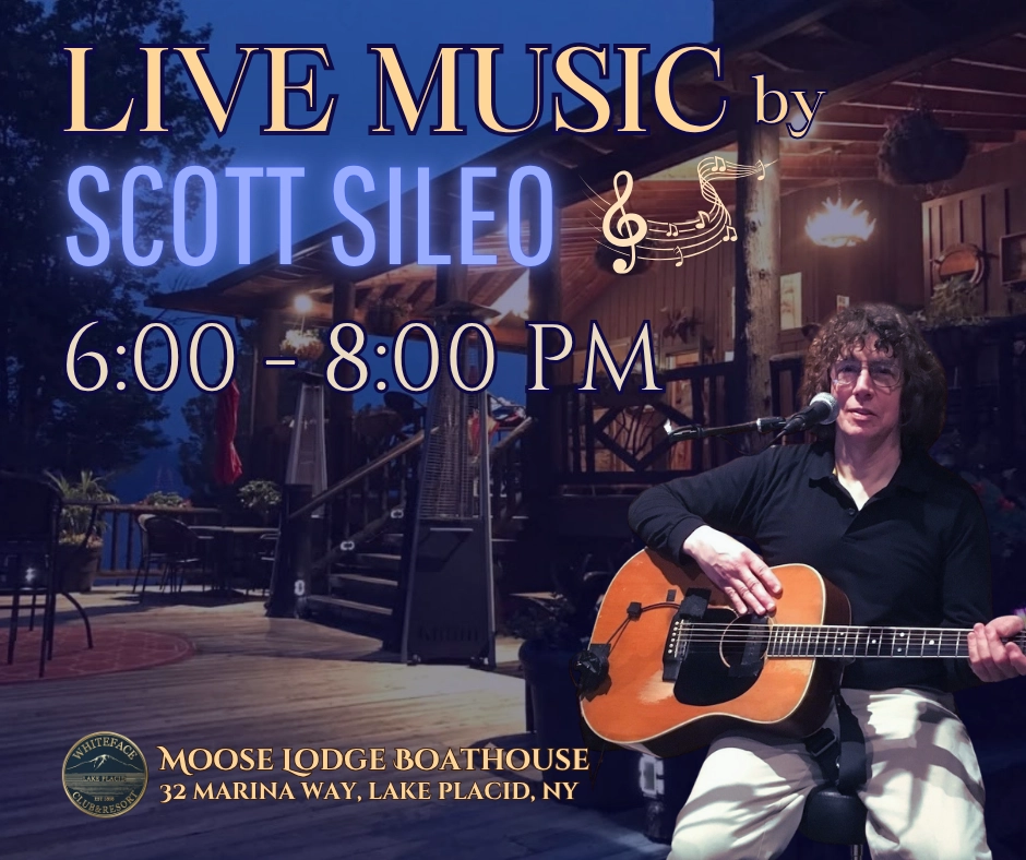Designed graphic of Scott Sileo playing guitar overlayed over Moose Lodge Boathouse