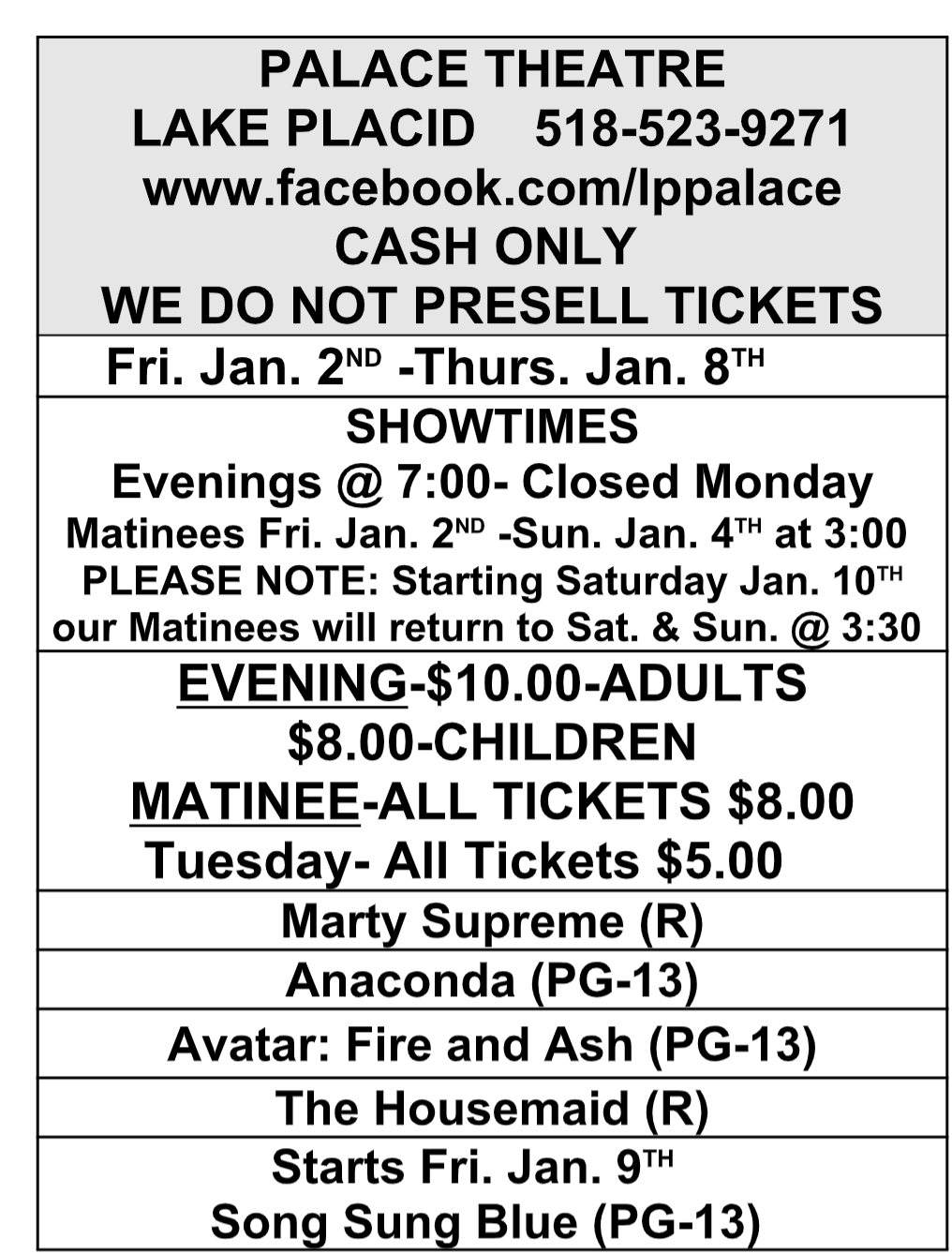 Movie showings for the Palace Theatre in Lake Placid, NY.