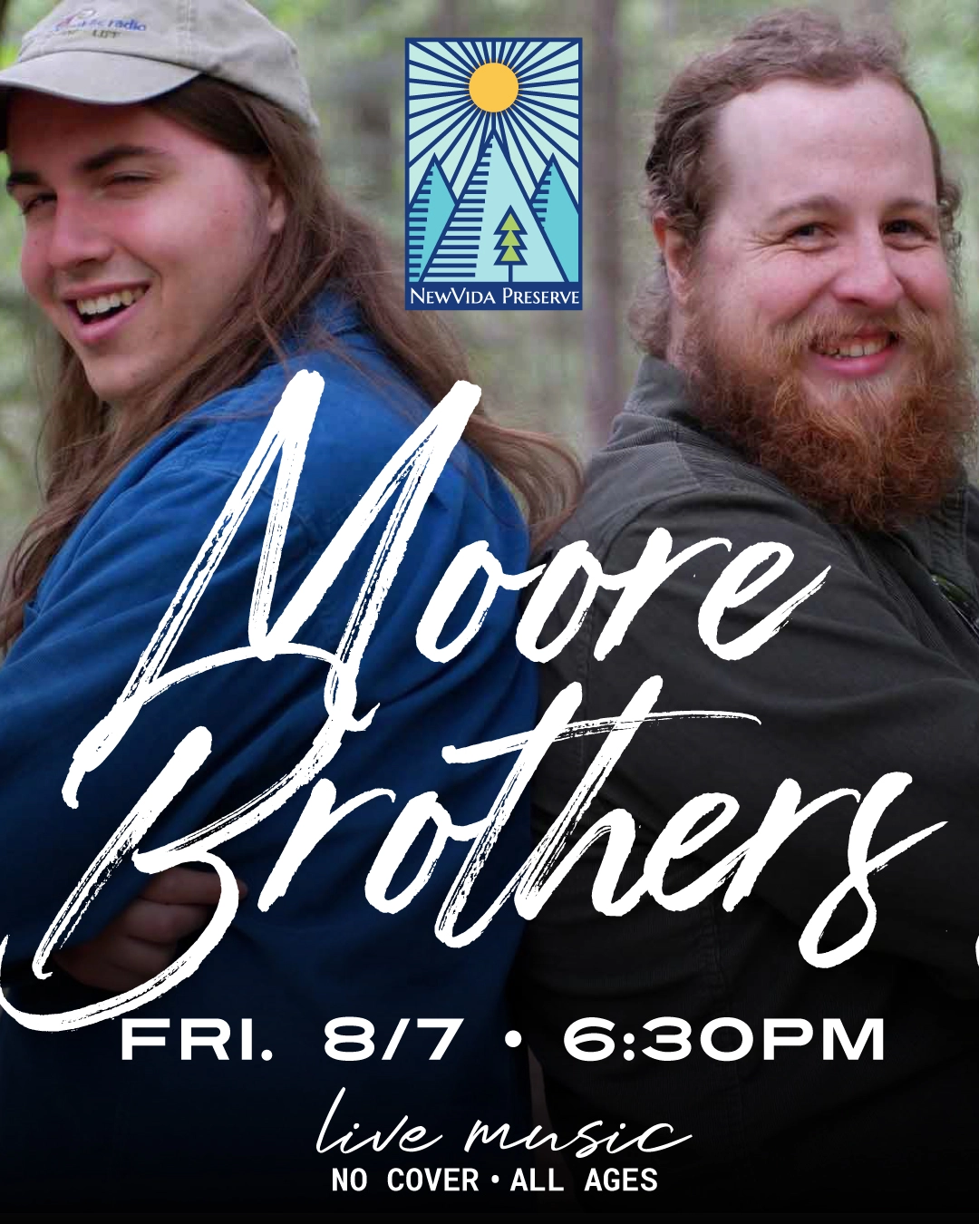 Promotional image for Moore Brothers band at NewVida Preserve with photo of musicians and text on screen