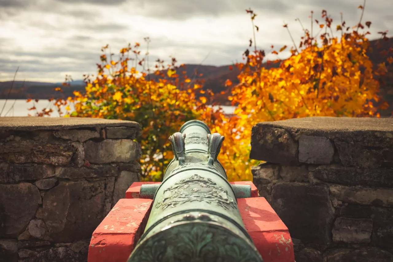 A historic war cannon in the fall.