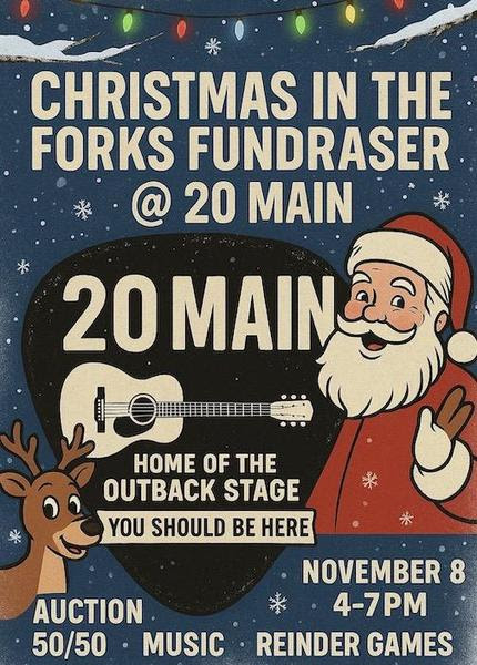Festive holiday poster for "Christmas in the Forks Fundraiser" at 20 Main, featuring a smiling Santa, reindeer, guitar, date, and event details.