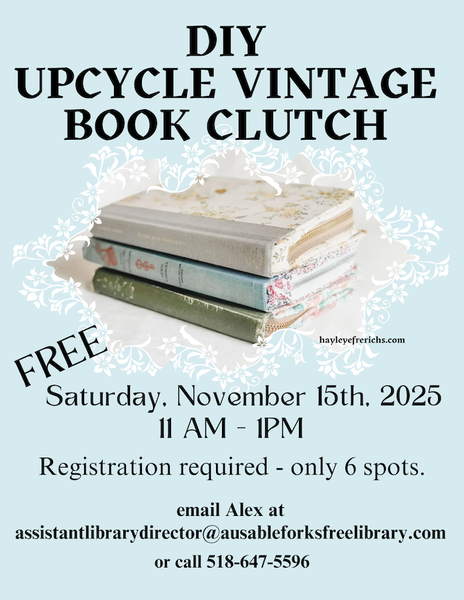 Flyer for a free DIY Upcycle Vintage Book Clutch event on Saturday, November 15th, 2025, from 11 AM to 1 PM.