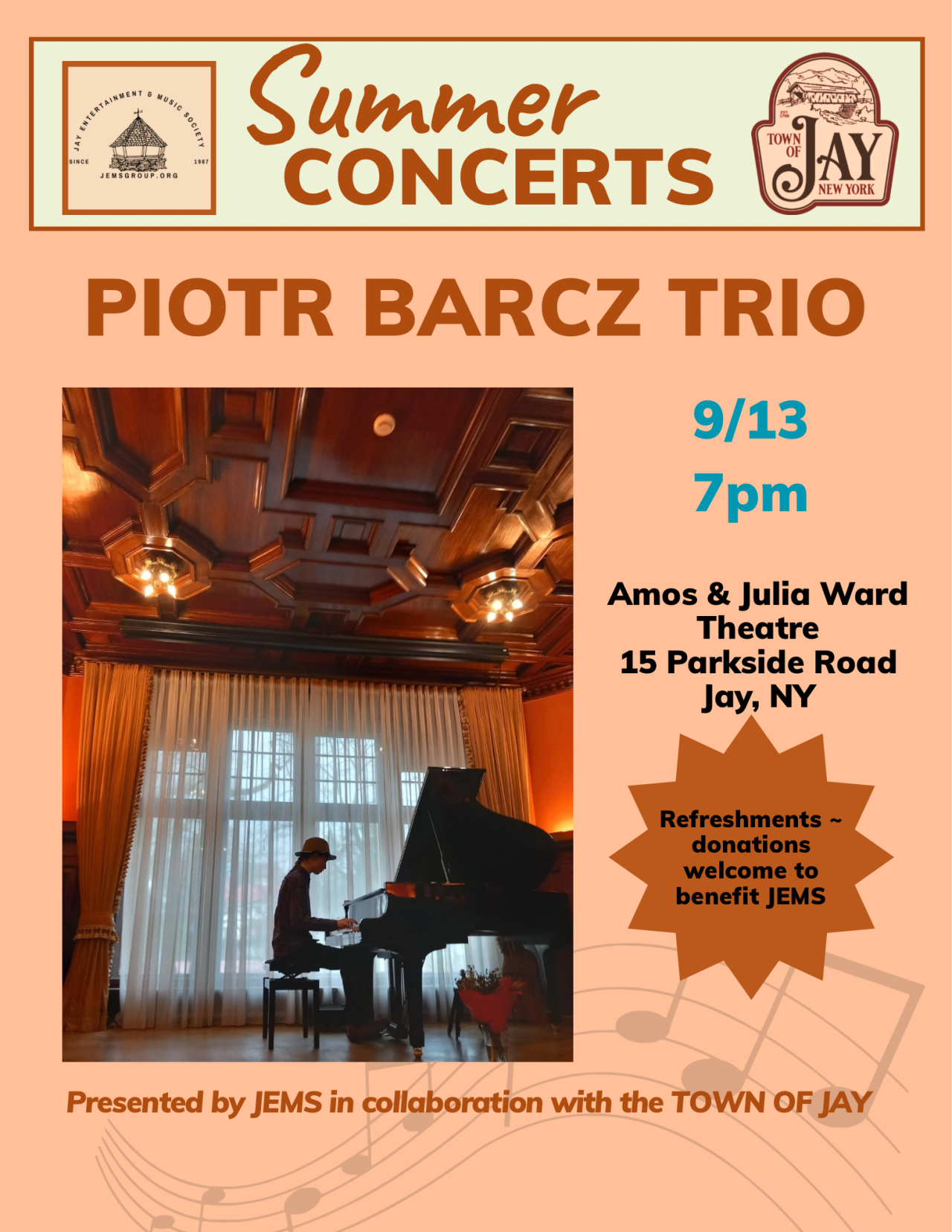 Flyer for Piotr Barcz Trio summer concert at Amos & Julia Ward Theater