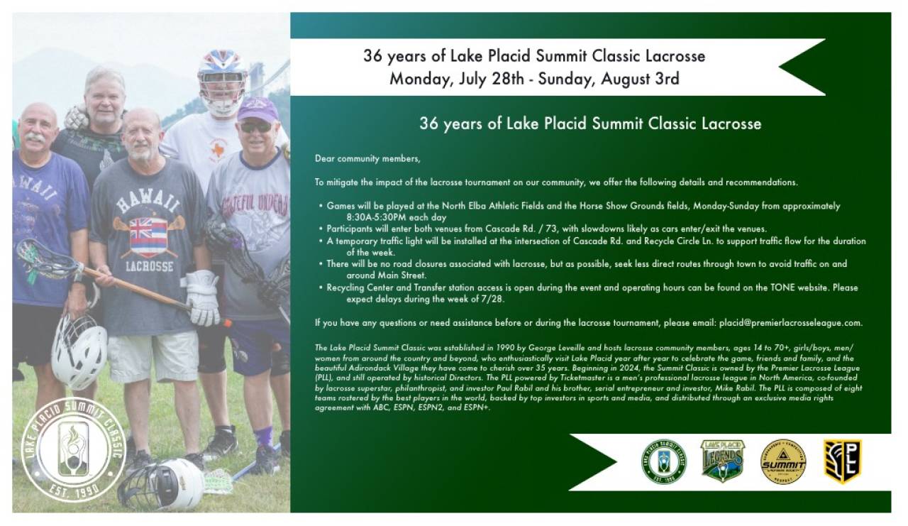 Graphic with green background and primarily white text next to photo of lacrosse players mid-game explaining details of 2026 Lake Placid Summit Lacrosse tournament for local residents