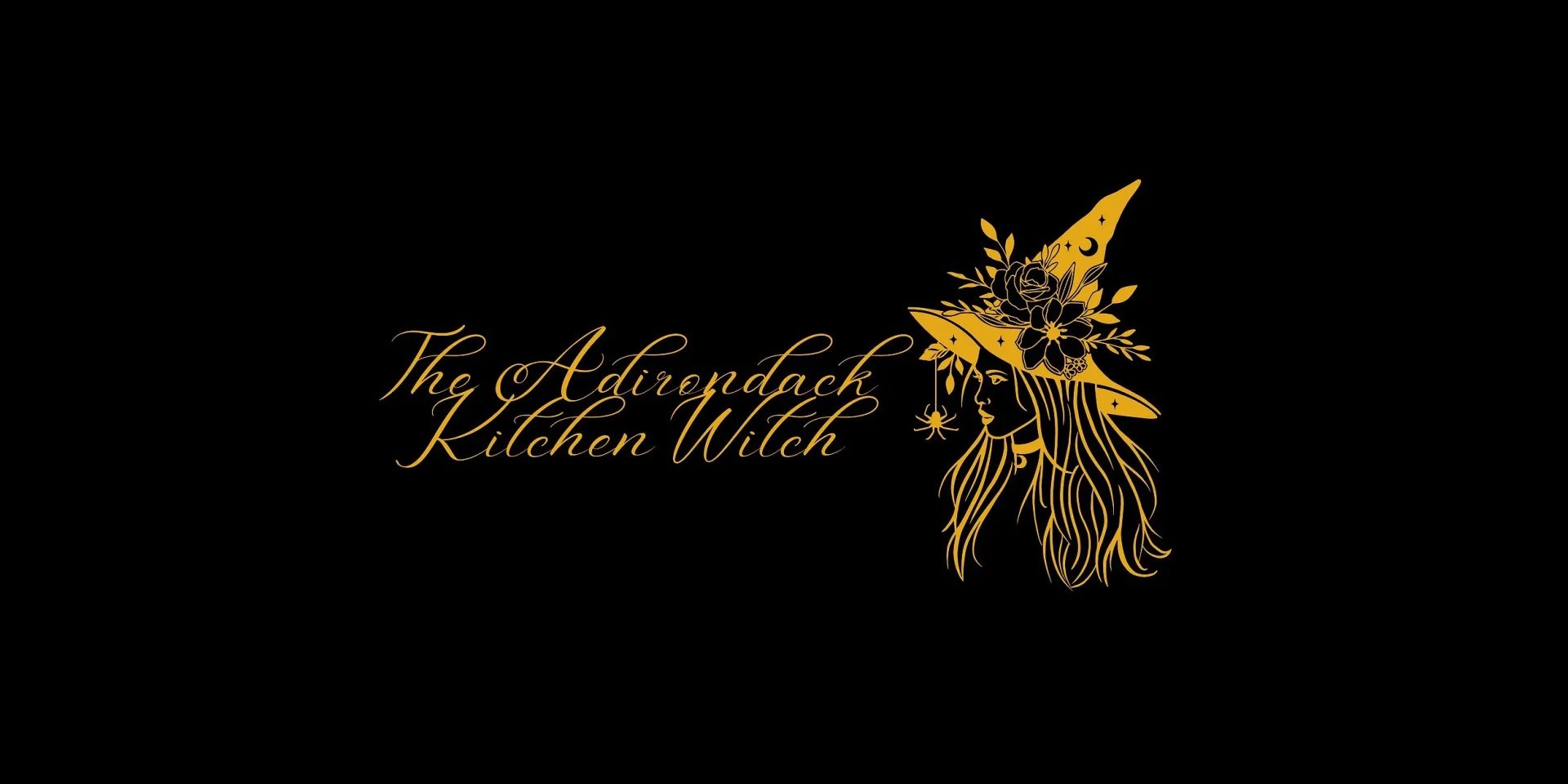 Image of a woman's profile wearing a pointed witch hat covered in flowers and a spider on a thread hanging down the front.