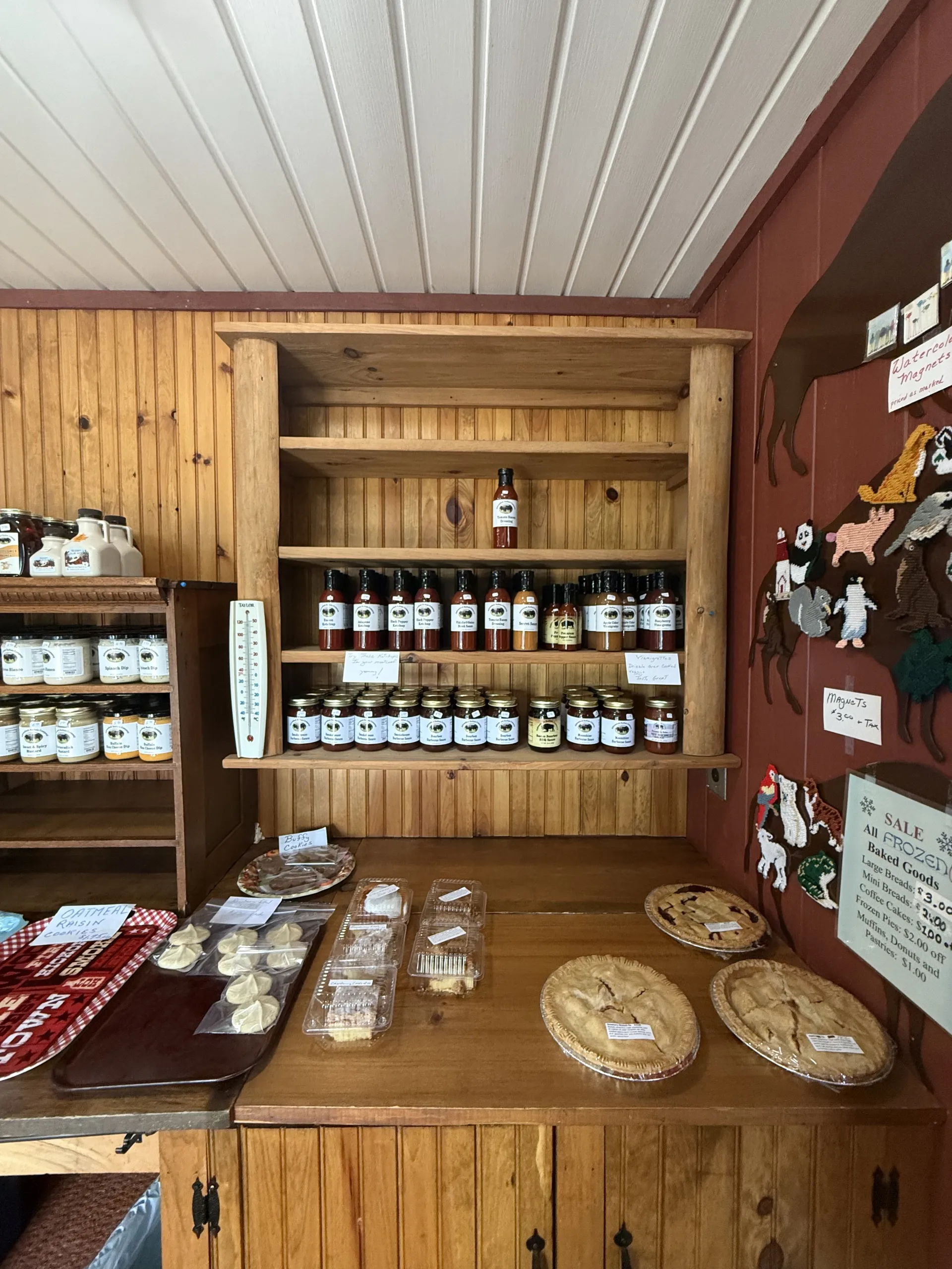 Sauces and pies line the shelfs of the shop