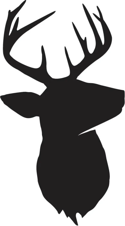 A black silhouette of an antlered deer mount.