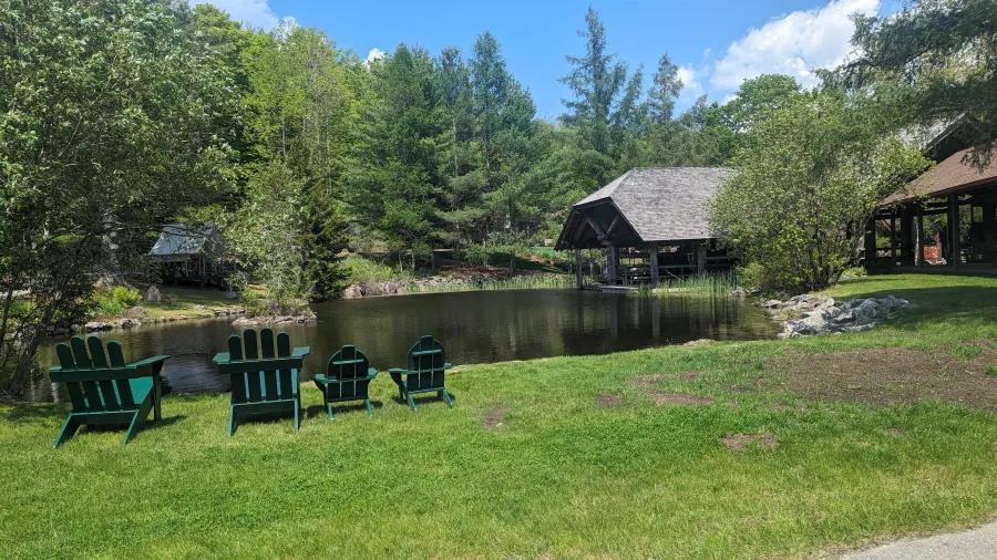 A small pond surrounded with grasses, some Adirondack style chairs for adults and kids, and two large gazebos