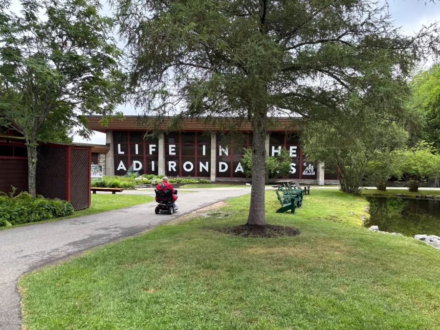 Life in the Adirondacks spelled out in large letters in the windows